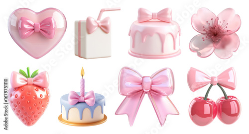 PNG Cute pink bows and desserts, element set on transparent background