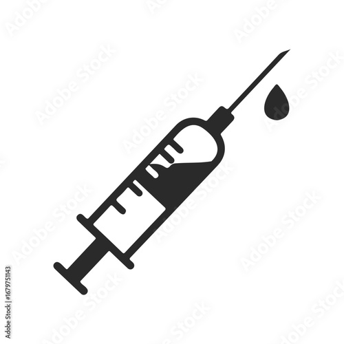 Black and white syringe icon with droplet for medical and healthcare themes