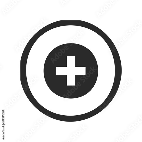 Black and white medical icon with plus symbol in circle outline