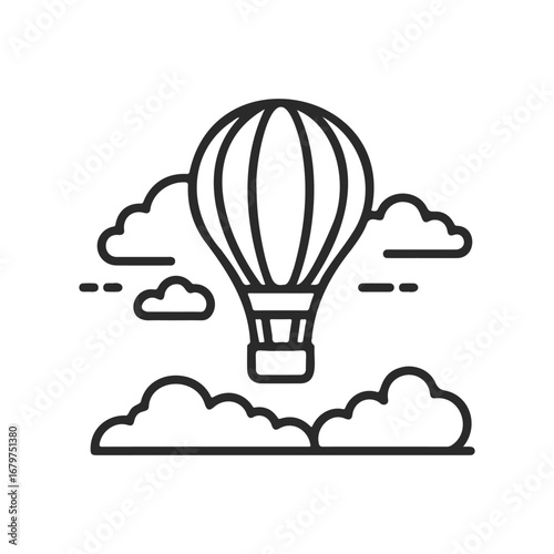 Outline of a hot air balloon floating in the sky with clouds