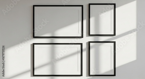 Four empty black frames on a wall with natural sunlight shadows creating a modern display