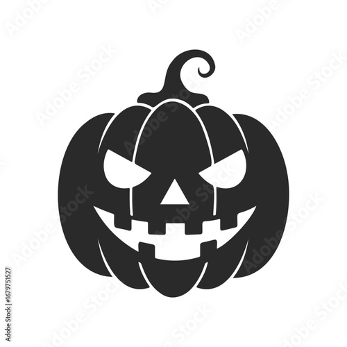 Spooky black jack-o'-lantern silhouette with grinning face on white background