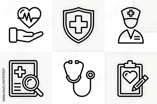 Medical care icons set Hand holding heart, shield, doctor, magnifying glass, stethoscope, and patient chart