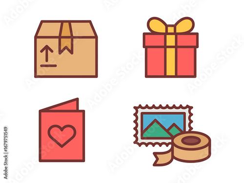 Shipping Essentials Cardboard Box, Gift Box, Greeting Card, and Postage Stamp Icon Set for Ecommerce and Deliveries