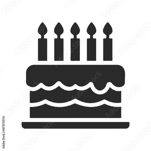 Black silhouette of a cake with five candles on a white background