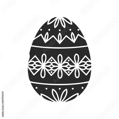 Black and white geometric easter egg with floral patterns