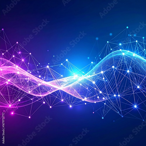 Abstract Network Waveform with Glowing Particles and Connections.
