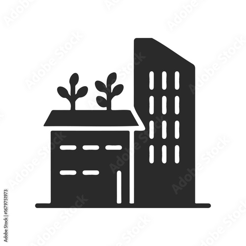 Eco-friendly urban building icon with rooftop trees