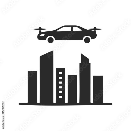 Flying car hovering above modern city skyline silhouette
