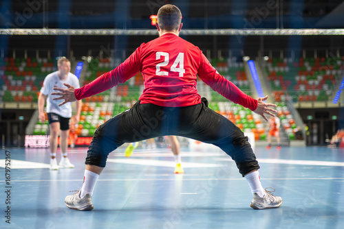handball goalkeeper's back during penalty shot