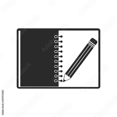 Black and white notebook icon with pencil on spiral binding