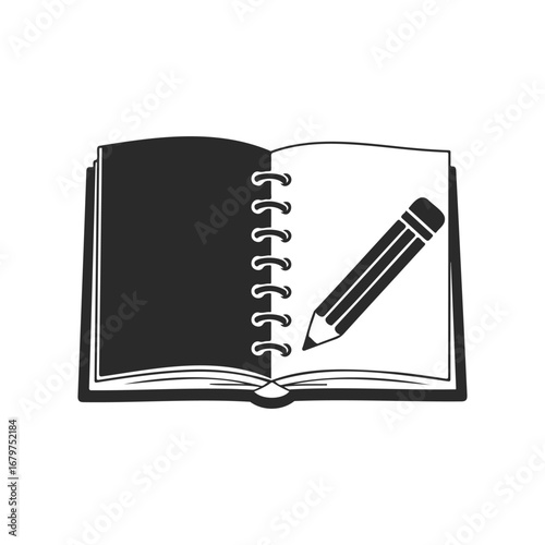 Open spiral notebook with pencil icon on white background