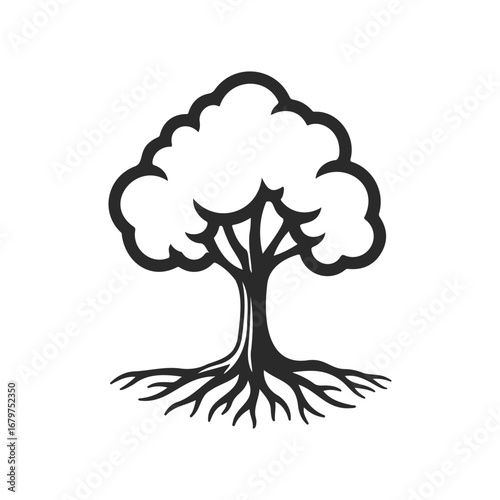 Black and white tree with roots illustration: nature, growth, simplicity