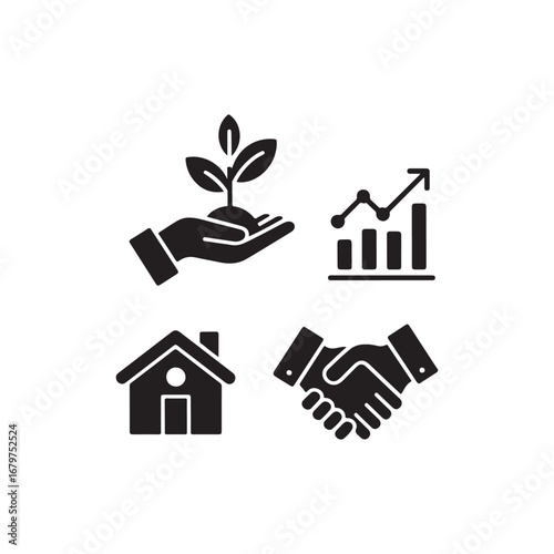 Vector Illustration of Investment Opportunities: Growth, Property, and Partnerships.This black and white vector graphic depicts four interconnected icons representing key elements of investment.