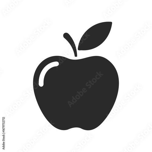 Silhouette of a black apple icon with leaf on white background