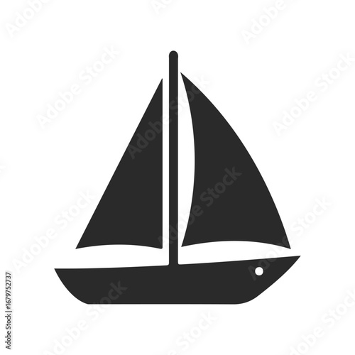 Sailboat icon with black sail and hull on white background