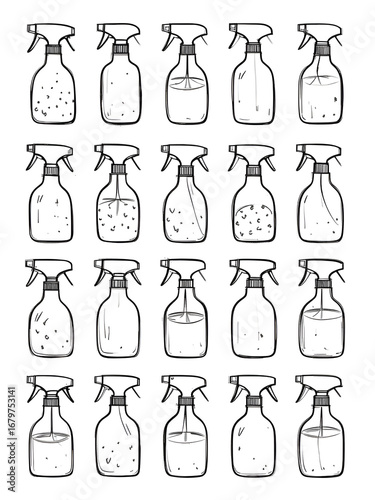Set of simple, hand-drawn cleaning spray bottle illustrations arranged in a grid pattern on a white background.