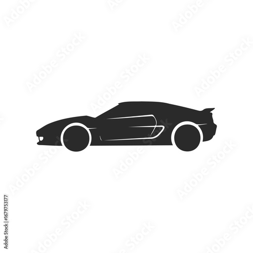 Silhouette of a modern sports car in profile view on white background