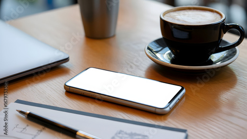 Close up of a desk with a laptop phone coffee mug and notebook ready for work or a meeting