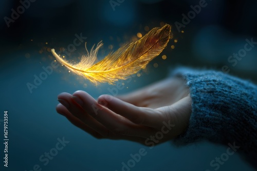 Golden Feather Floating Above Hand with Sparkling Light Effects