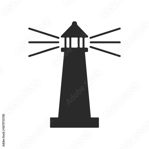 Black silhouette of lighthouse with radiating light beams on white background