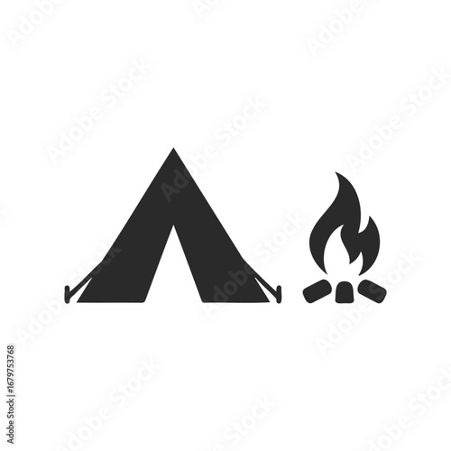 Camping adventure icon: tent and campfire symbol on white background