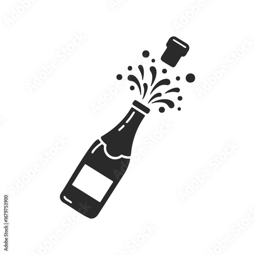 Celebratory popping champagne bottle silhouette with splashing bubbles
