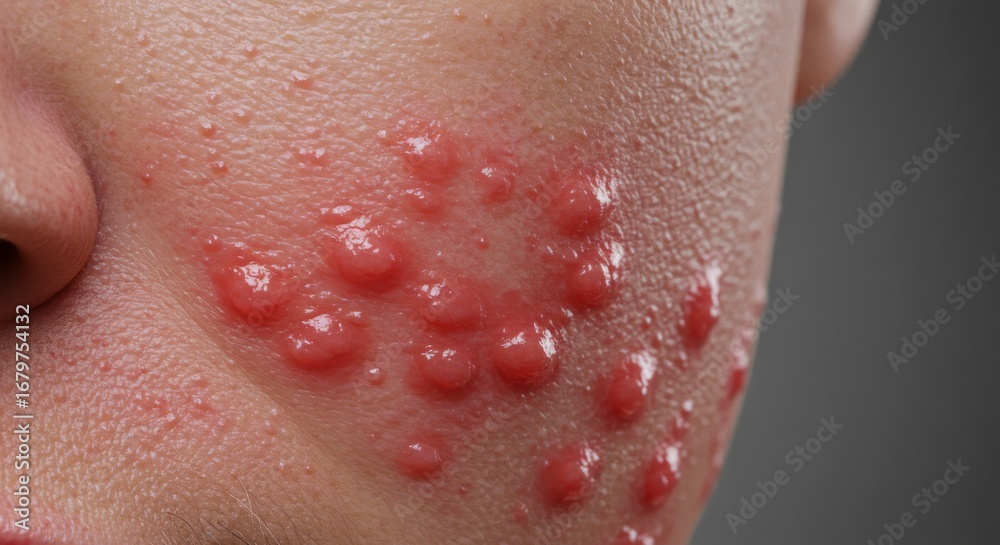 Fototapeta premium Close-up Macro of Blistering Rash on Human Skin, Indicating Viral Infection or Allergic Reaction.