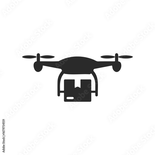 Silhouette of drone with package delivery icon on white background