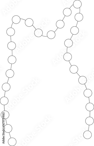 Smoothly curved linear path composed of circular elements arranged in a continuous sequence.