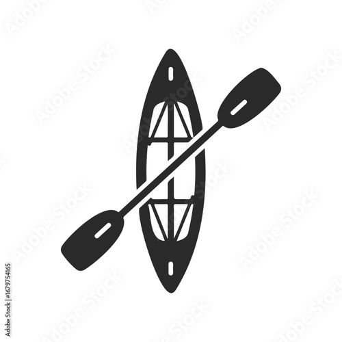 Black kayak and paddle icon on white background