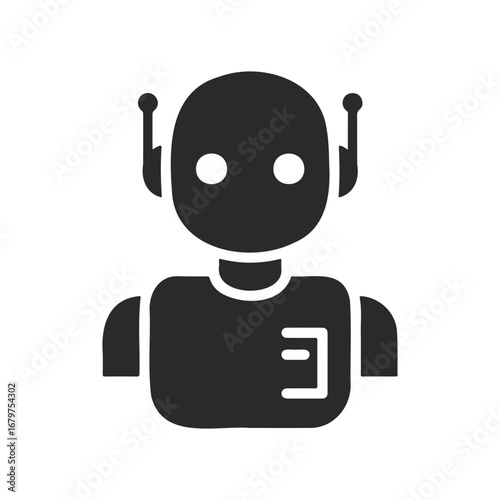 Minimalist black and white robot icon with antennas and expressionless face