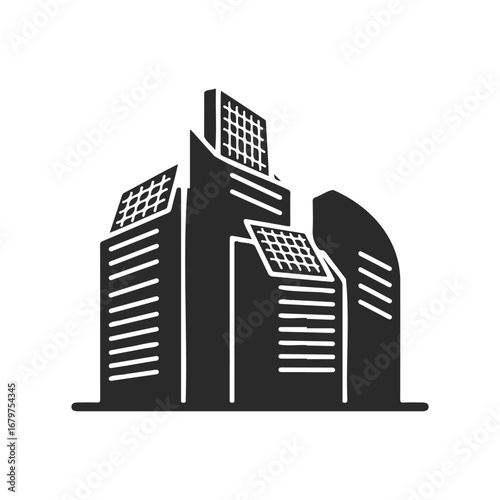 Modern high-rise buildings with solar panels on rooftops in urban setting