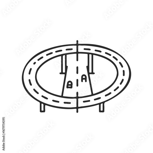 Outline drawing of circular overpass with road and supports
