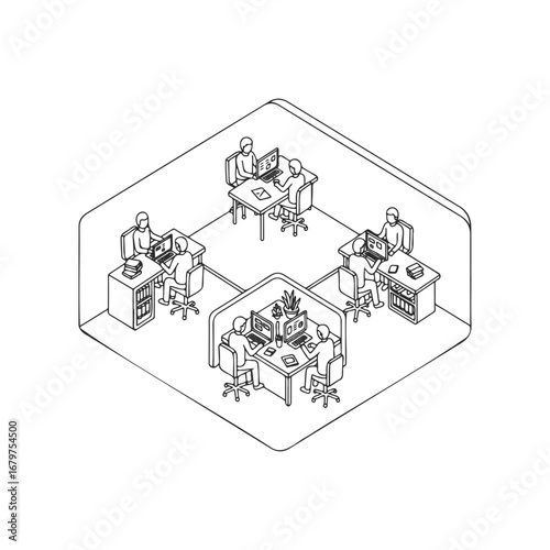 Isometric illustration of a modern office with diverse professionals at workstations