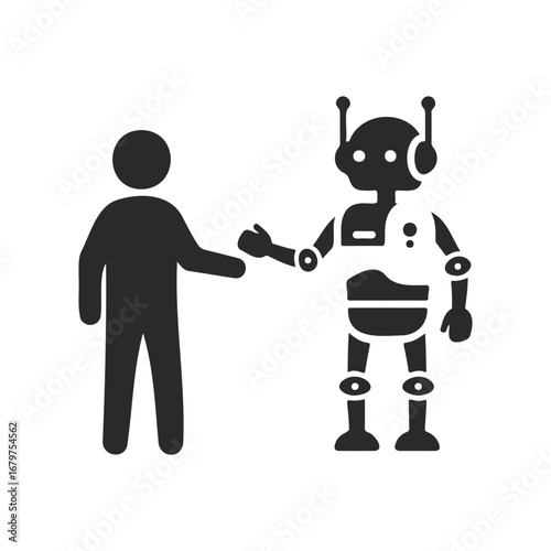 Silhouette of human and robot greeting: collaboration and technology icon