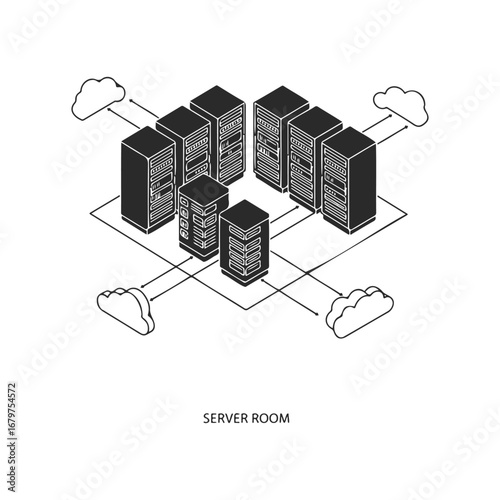 Isometric network diagram of cloud-connected server room architecture