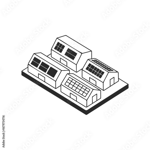 Isometric illustration of solar panel rooftops on modern buildings