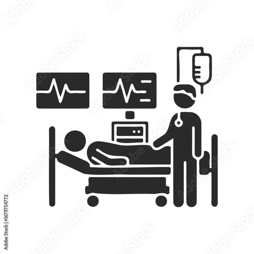 Medical care in hospital: doctor assisting patient with iv drip and monitors