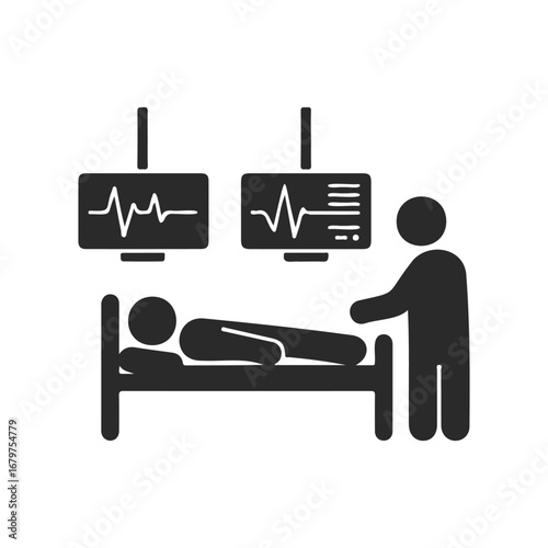 Hospital room with patient in bed and medical staff monitoring vital signs