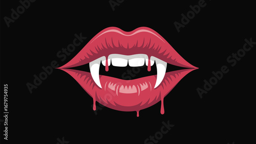Sensual vampire lips with dripping blood and sharp fangs create a mysterious, alluring Halloween vibe