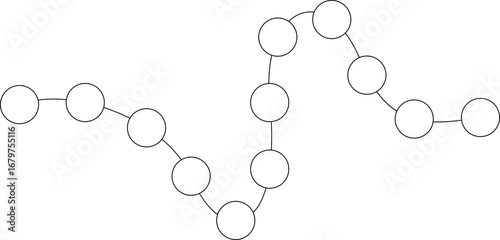 Abstract vector element with a chaotic arrangement of curved strokes linked by circular elements in a scattered sequence.