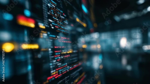 Medium shot of a software tester debugging security holes blurred digital dashboard and alert notifications filling the background softly.