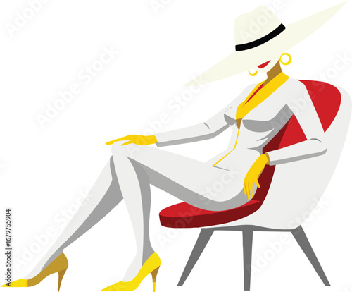 Elegant woman in white sitting in a modern chair wearing a wide-brimmed hat vector art
