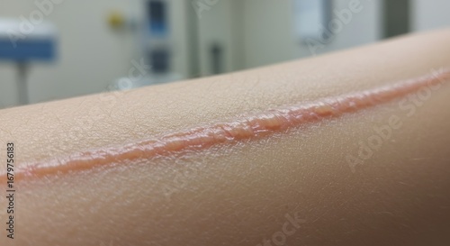 Prominent Red Keloid Scar Healing After Surgery on a Human Arm.