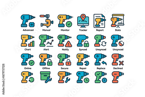 colorful flat vector icons Drill (Advanced) drill ai drill manual drill monitor drill tracker drill report drill stats drill chart drill graph drill alert drill notify drill synced drill.