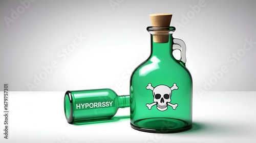 Dangers and harms of hypocrisy pictured as a poison bottle with word hypocrisy, symbolizes negative aspects and bad effects of unhealthy hypocrisy, 3d illustration