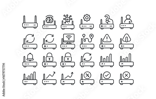 vector outline icons Router (Advanced) router smart router ai router auto router manual router synced router unsynced router monitor router track router alert router notify router secure2.