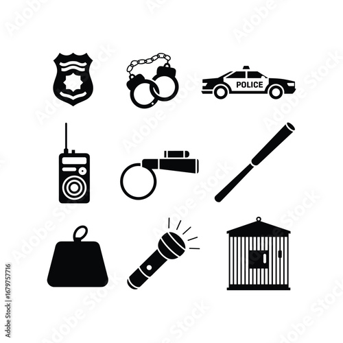 Police equipment icons set badge handcuffs car radio whistle baton flashlight and jail cell
