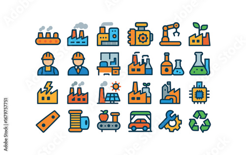 colorful flat vector icons Factory (Production) factory line factory belt factory machine factory engine factory robot factory worker factory manager factory office factory lab factory.